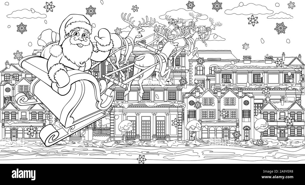 Santa Claus Christmas Street Scene Coloring Page Stock Vector Image Art Alamy