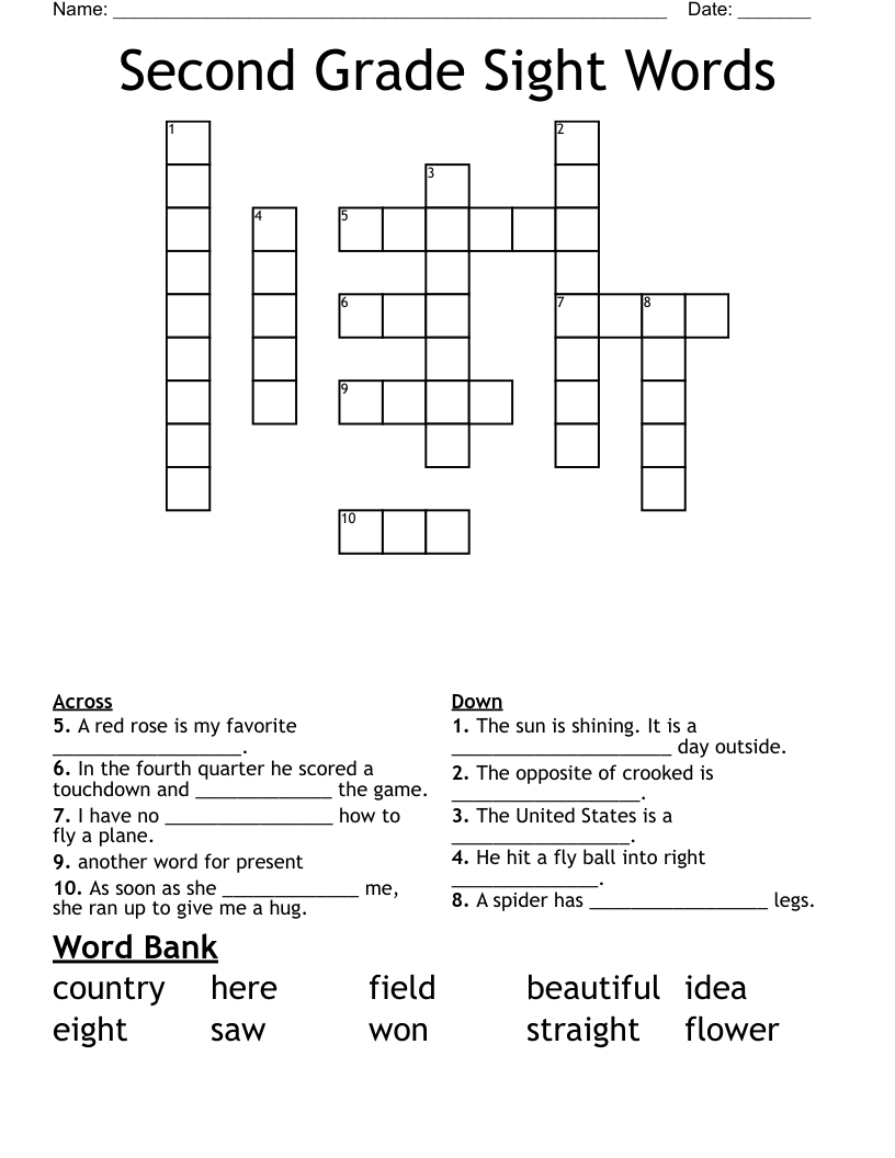 Second Grade Sight Words Crossword WordMint