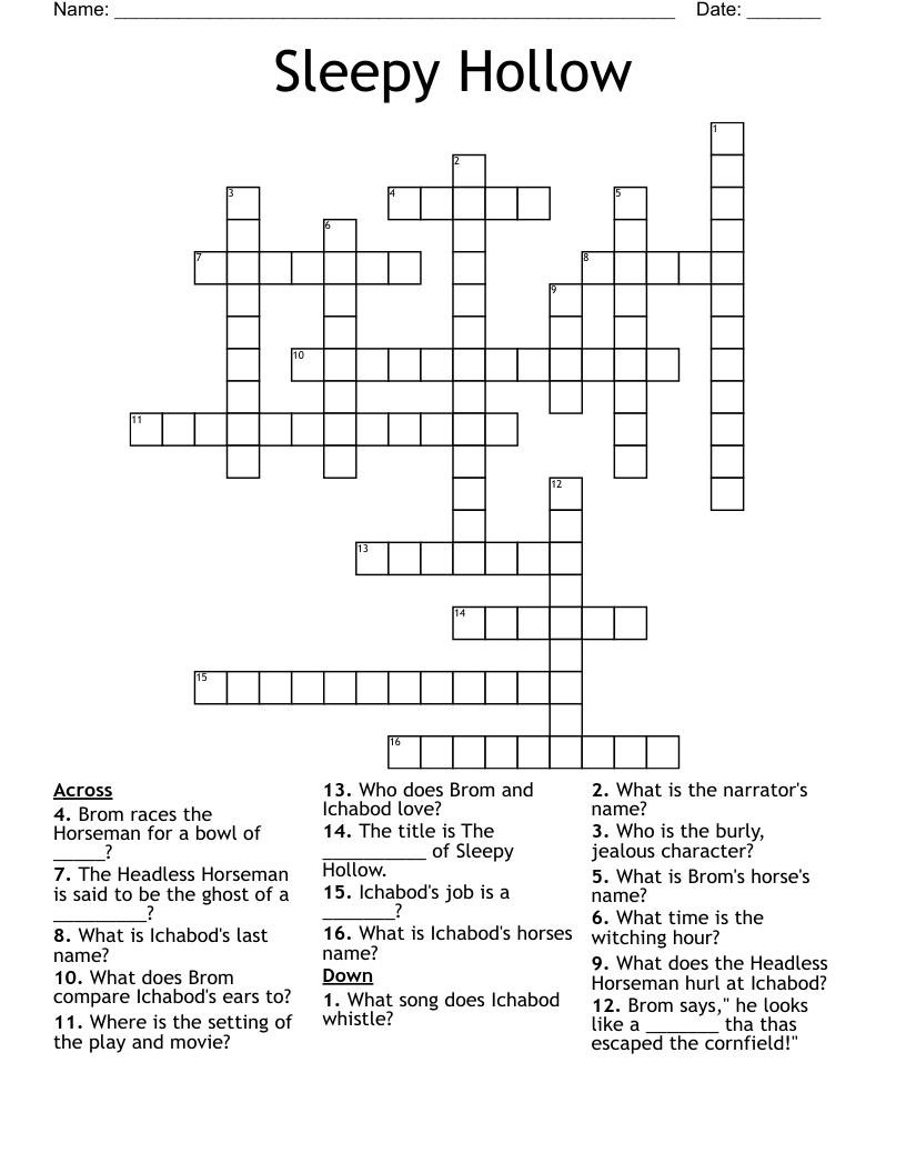 Sleepy Hollow Crossword WordMint