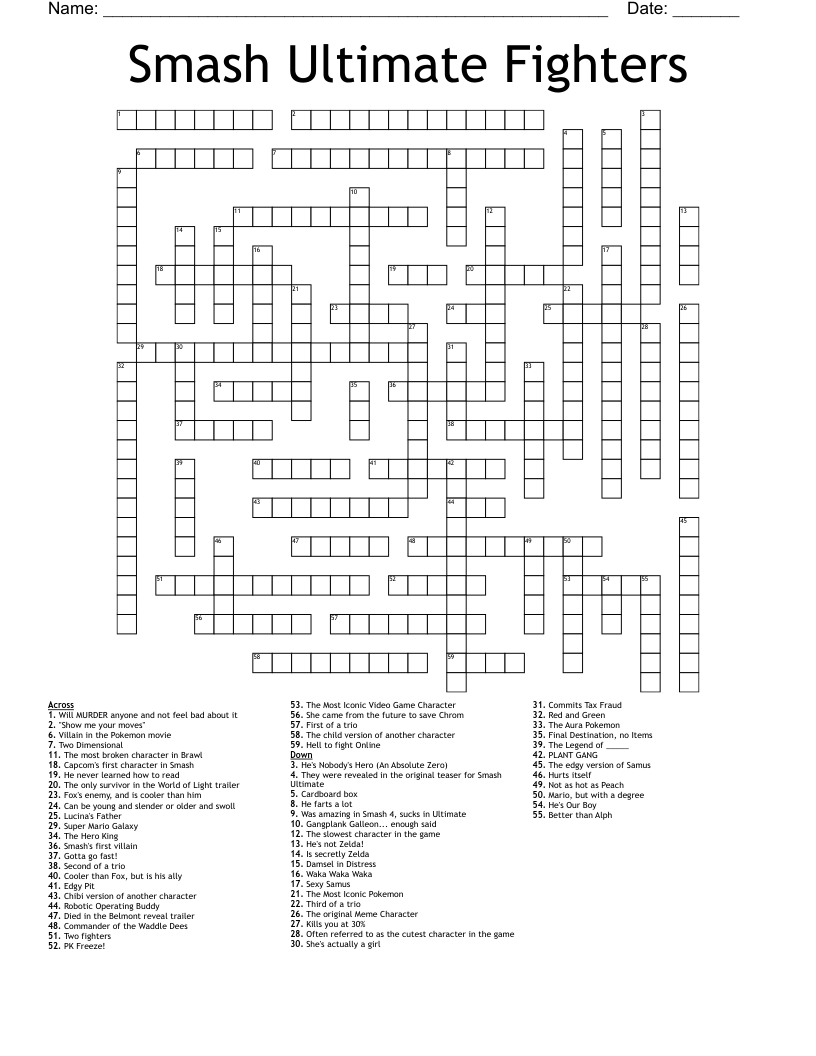 Smash Ultimate Fighters Crossword WordMint Smash Ultimate Fighters Crossword WordMint