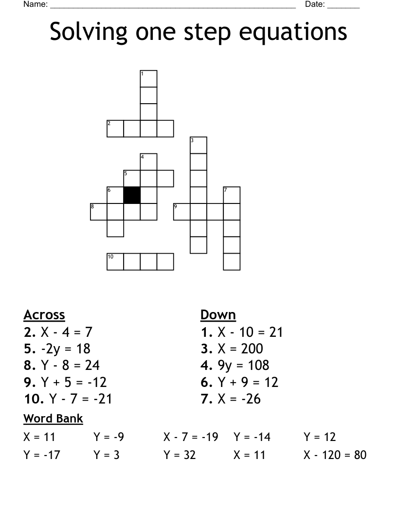 Solving One Step Equations Crossword WordMint