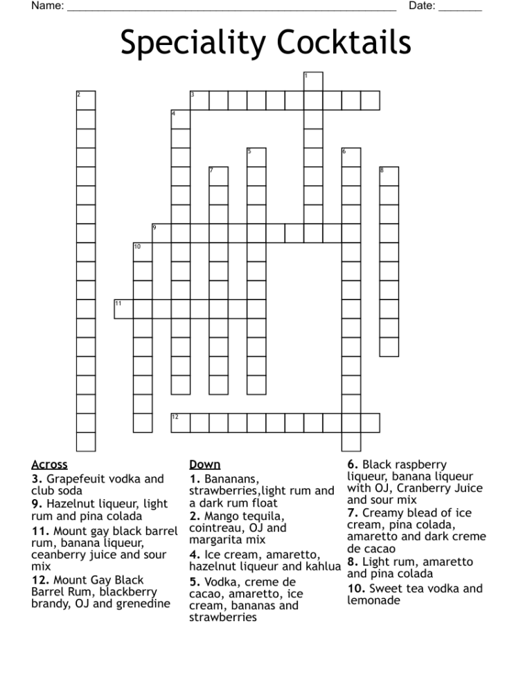 Speciality Cocktails Crossword WordMint