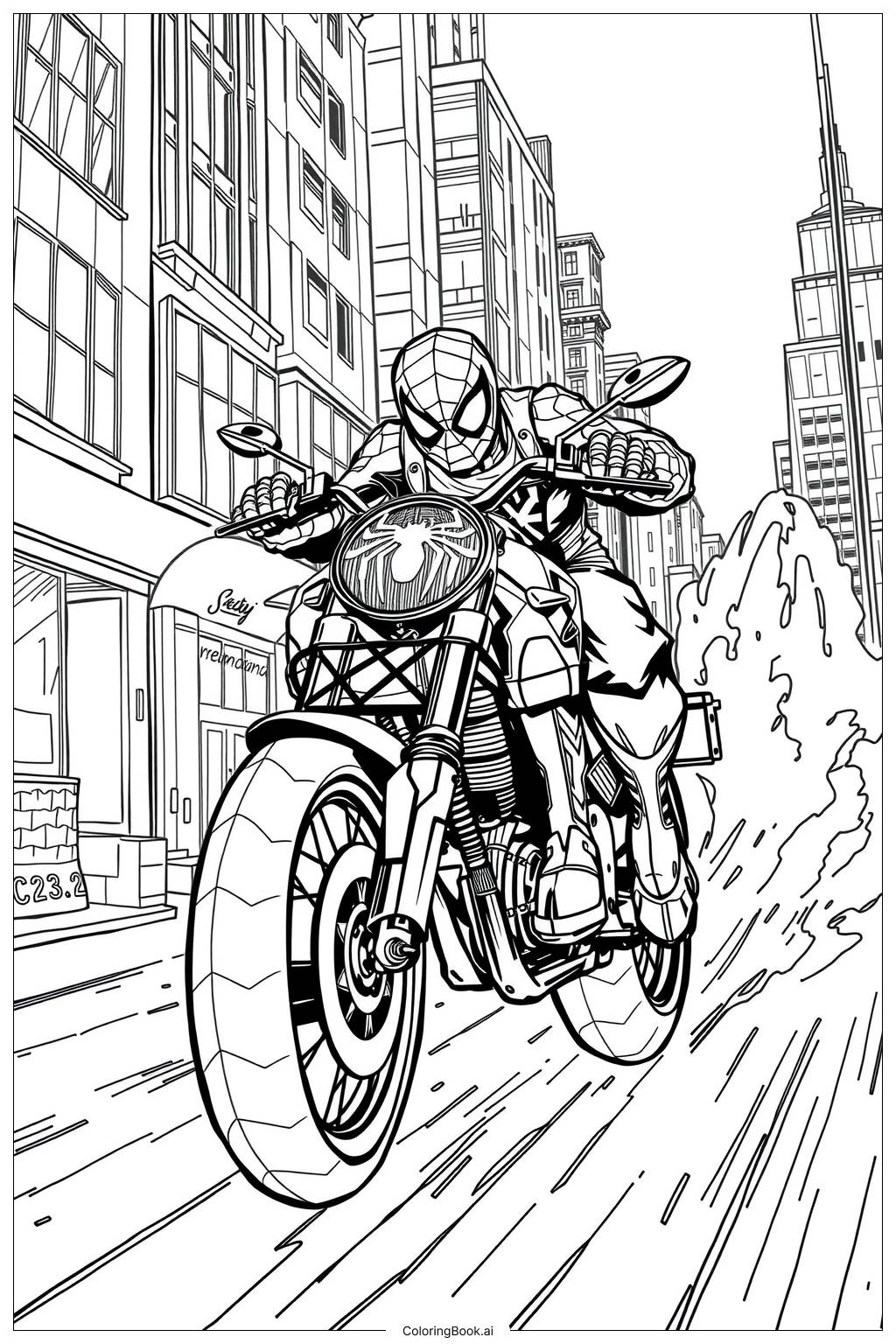 Spiderman Motorcycle Chase Coloring Page Free PDF PNG Printable 