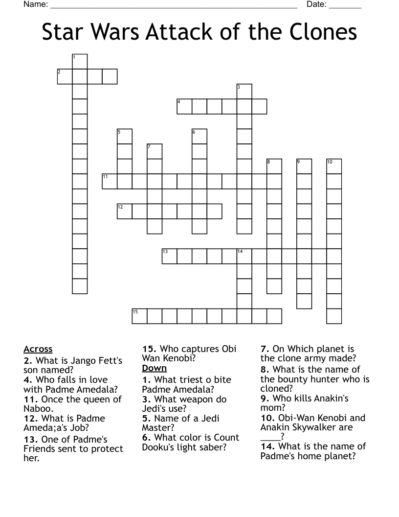 Star Wars Attack Of The Clones Crossword WordMint