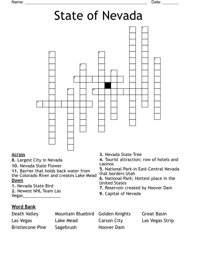 State Of Nevada Crossword WordMint