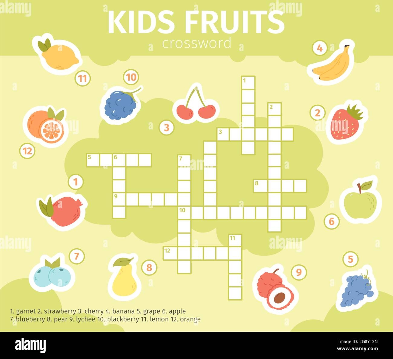 Summer Fruits Crossword Educational Crossword Kids Game With Lemon Apple Grape And Orange Fruits Vector Illustration Fruits Crossword Puzzle For Stock Vector Image Art Alamy