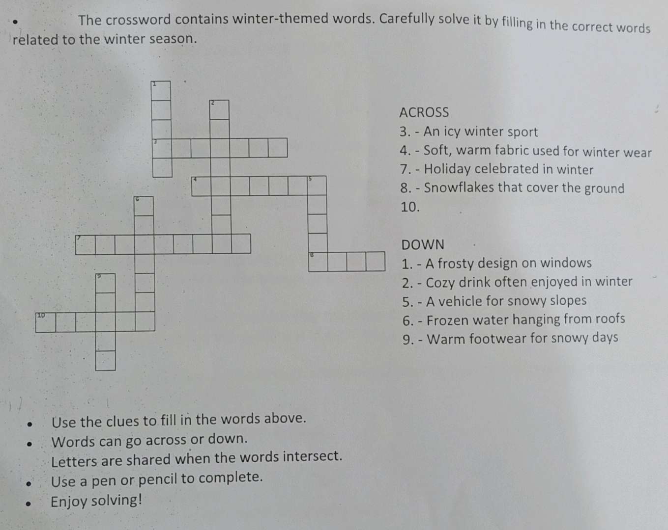 The Crossword Contains Winter themed Words StudyX