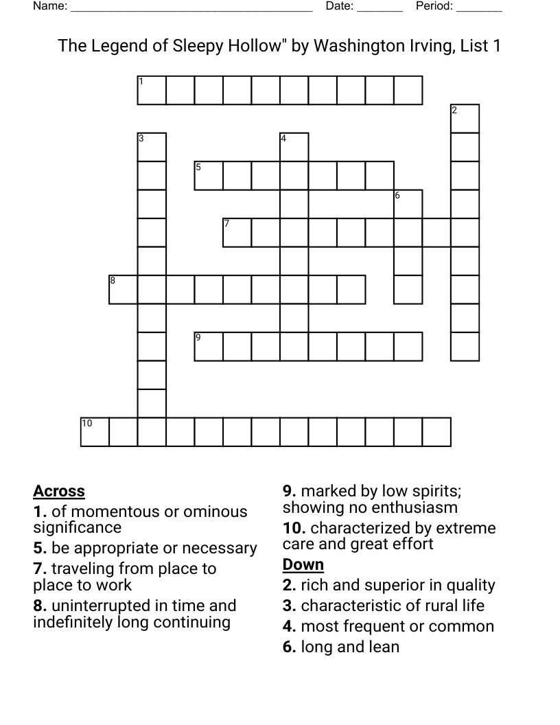 The Legend Of Sleepy Hollow By Washington Irving List 1 Crossword WordMint
