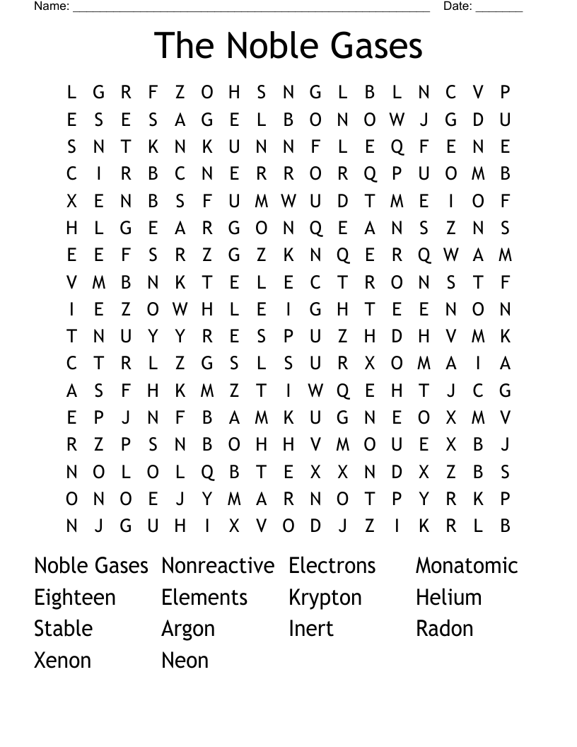 The Noble Gases Word Search WordMint