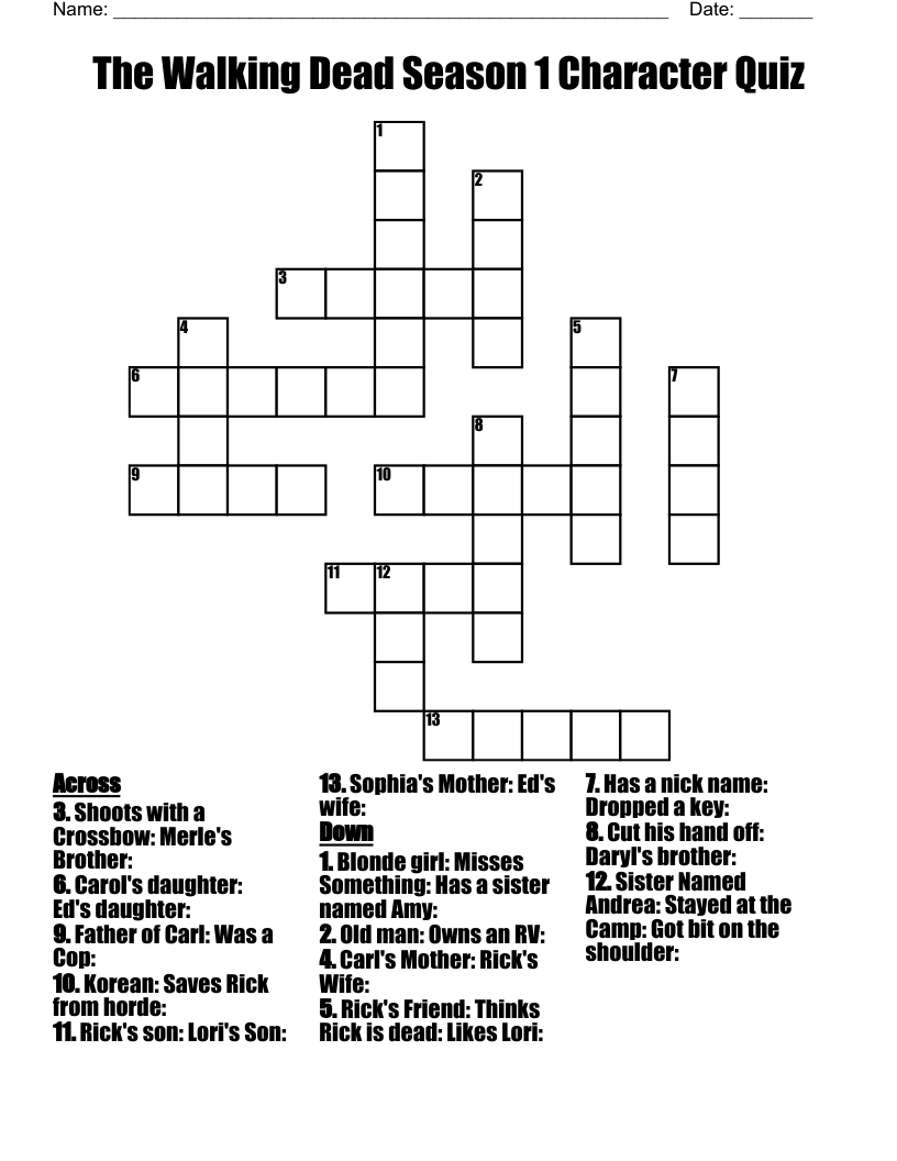 The Walking Dead Season 1 Character Quiz Crossword WordMint