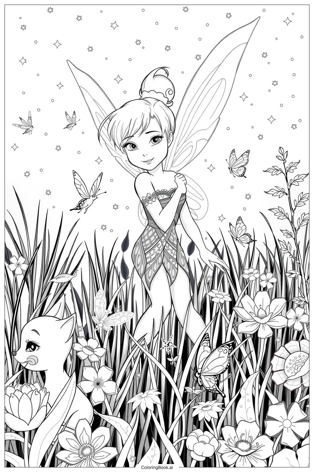 Tinkerbell Surrounded By Magical Creatures In A Sparkling Meadow 2 Coloring Page Free PDF PNG Printable Tinkerbell Surrounded By Magical Creatures In A Sparkling Meadow 2 Coloring Page Free PDF PNG Printable