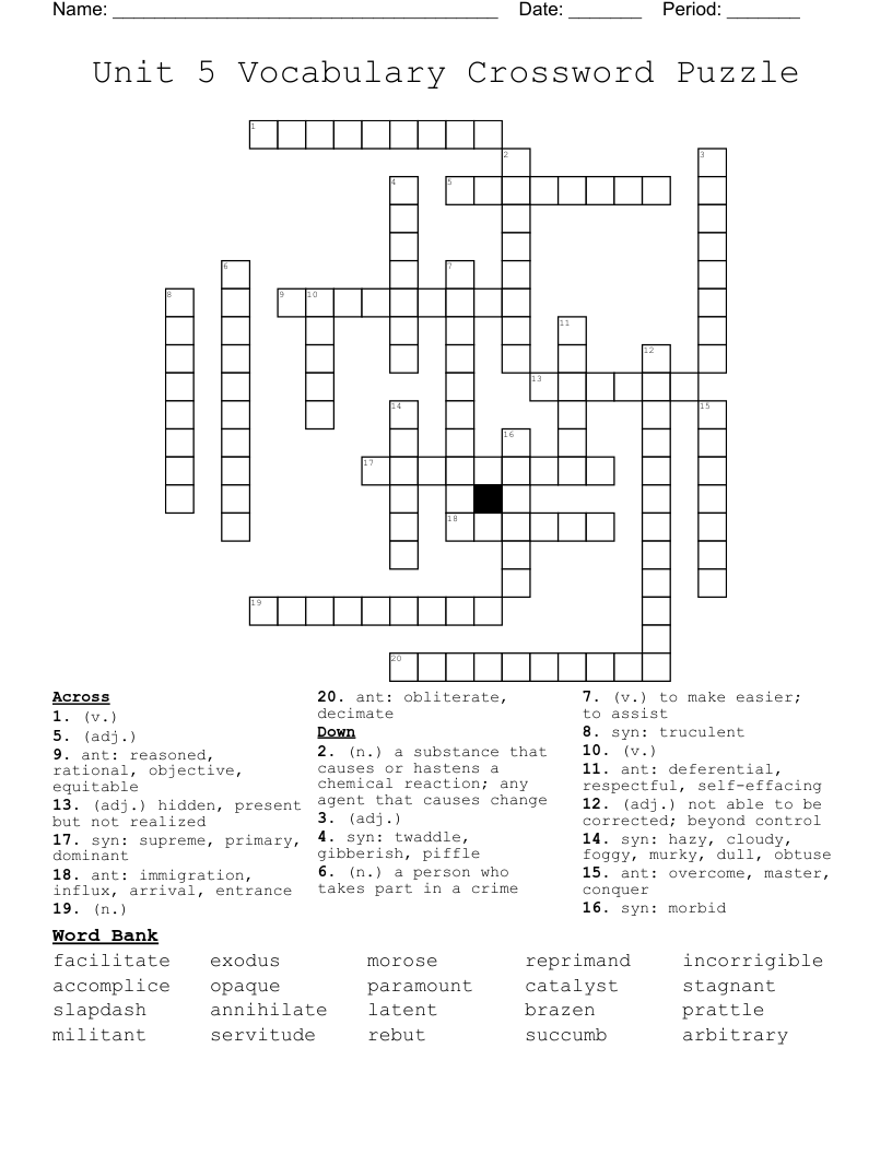 Unit 5 Vocabulary Crossword Puzzle WordMint