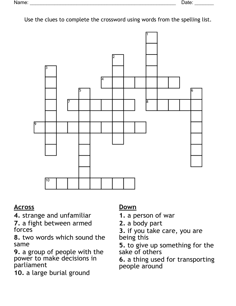 Use The Clues To Complete The Crossword Using Words From The Spelling List WordMint
