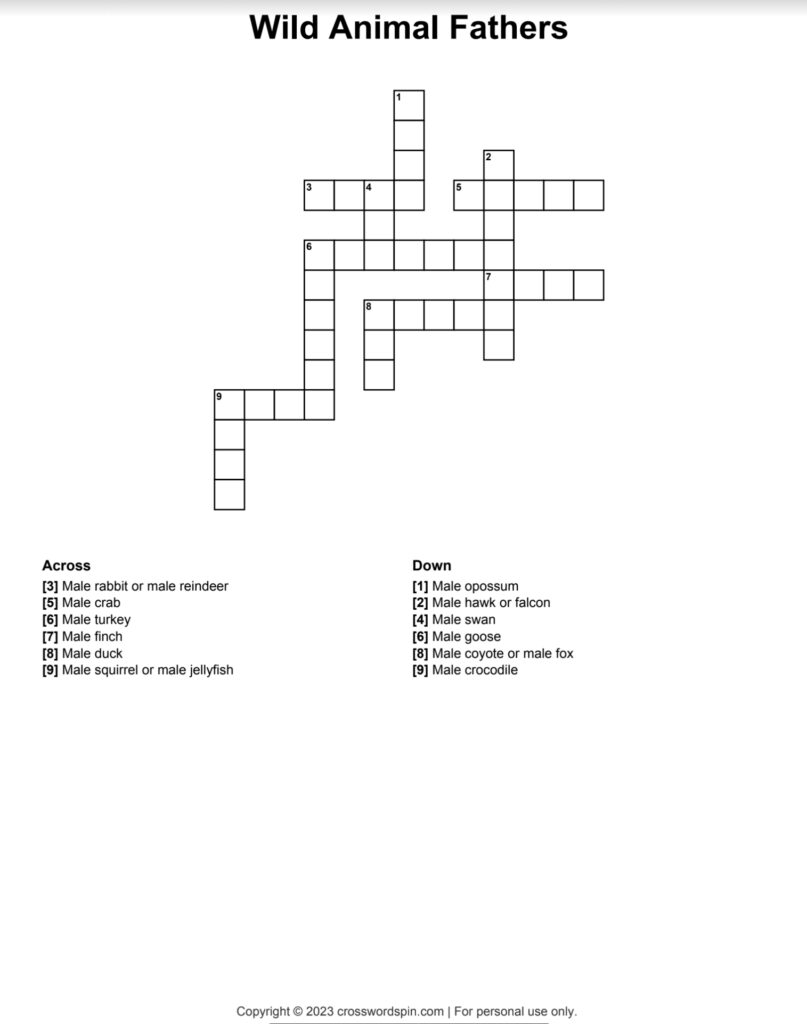 Wild Animal Fathers Crossword Puzzle Veterinary Medicine At Illinois