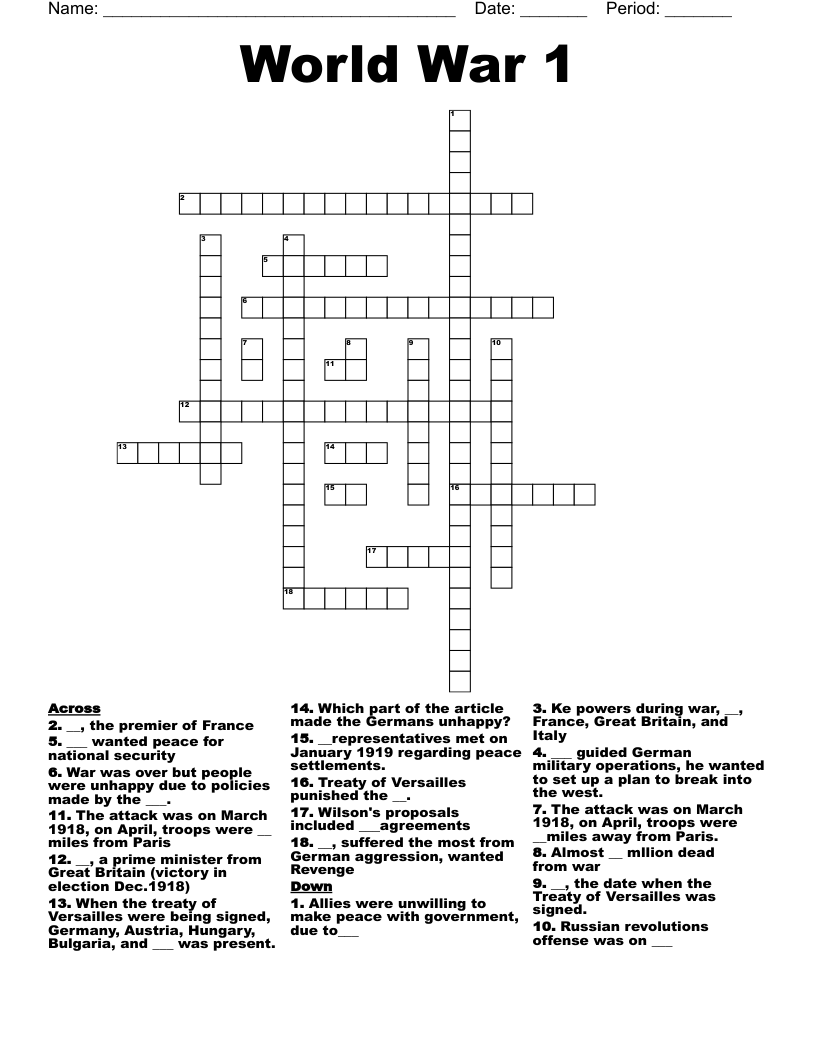 World War 1 Crossword WordMint World War 1 Crossword WordMint