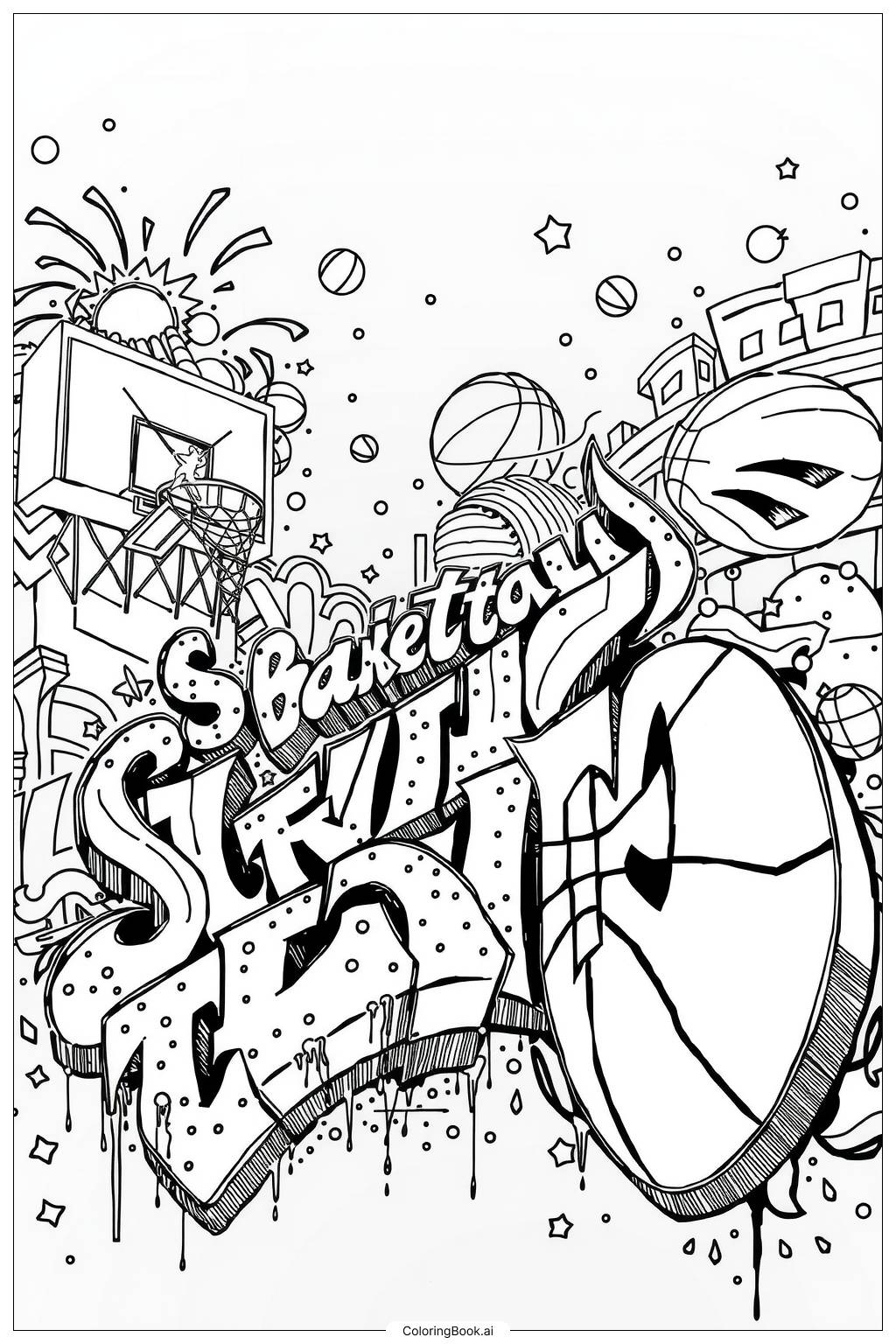 Basketball Graffiti Art Coloring Page Free PDF PNG Printable  Basketball Graffiti Art Coloring Page Free PDF PNG Printable